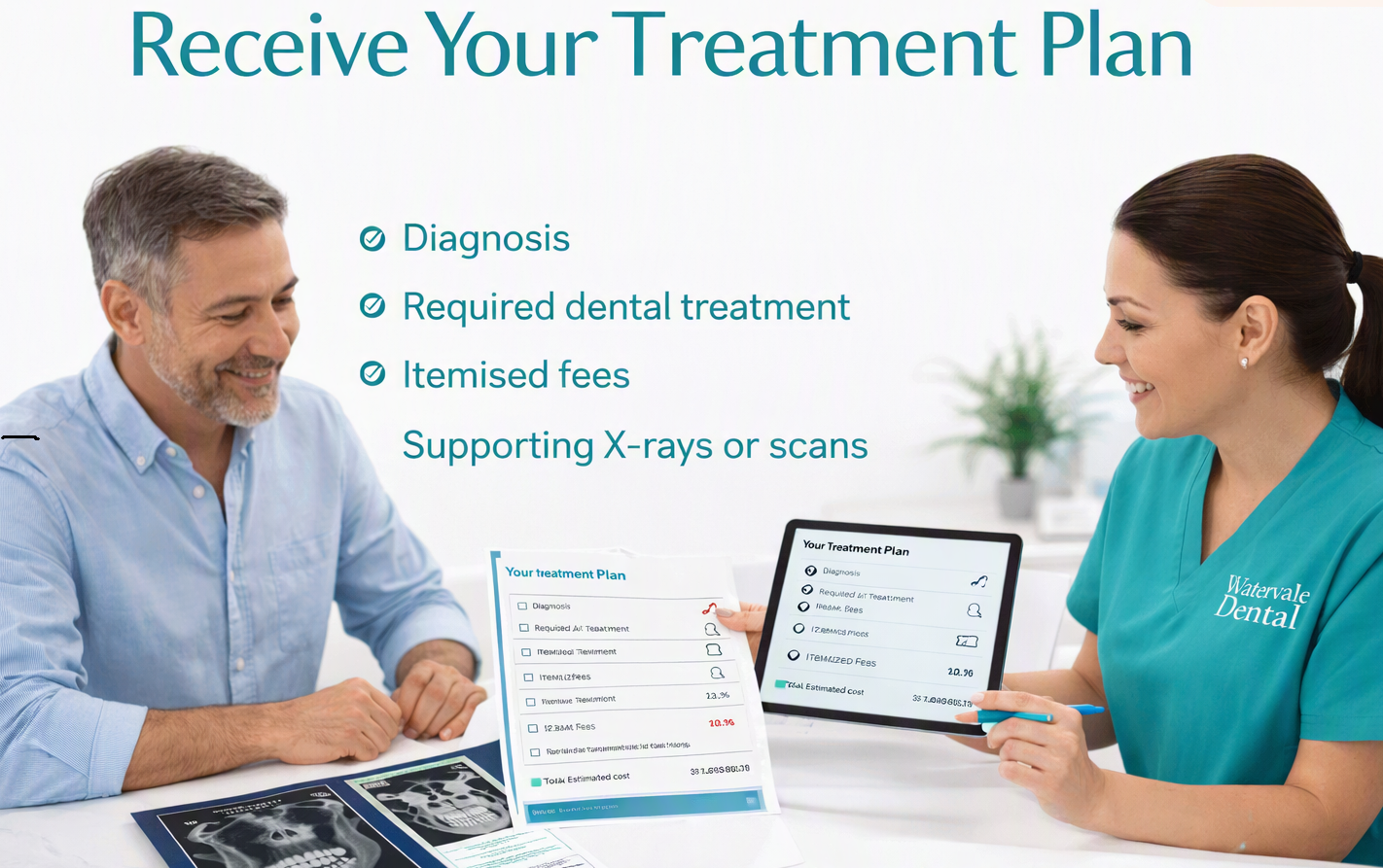 Dentist from Watervale Dental showing a patient their detailed treatment plan with X‑rays and CBCT scan on a white table.