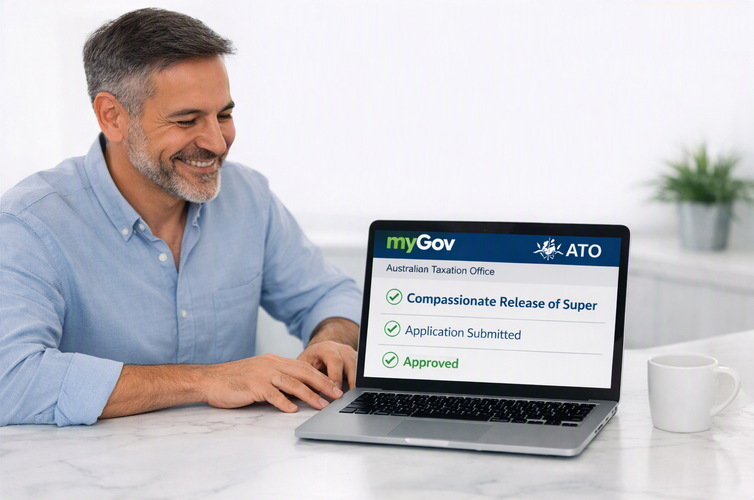 Compassionate Release of Super application through myGov, with the ATO logo and approval status displayed on screen.